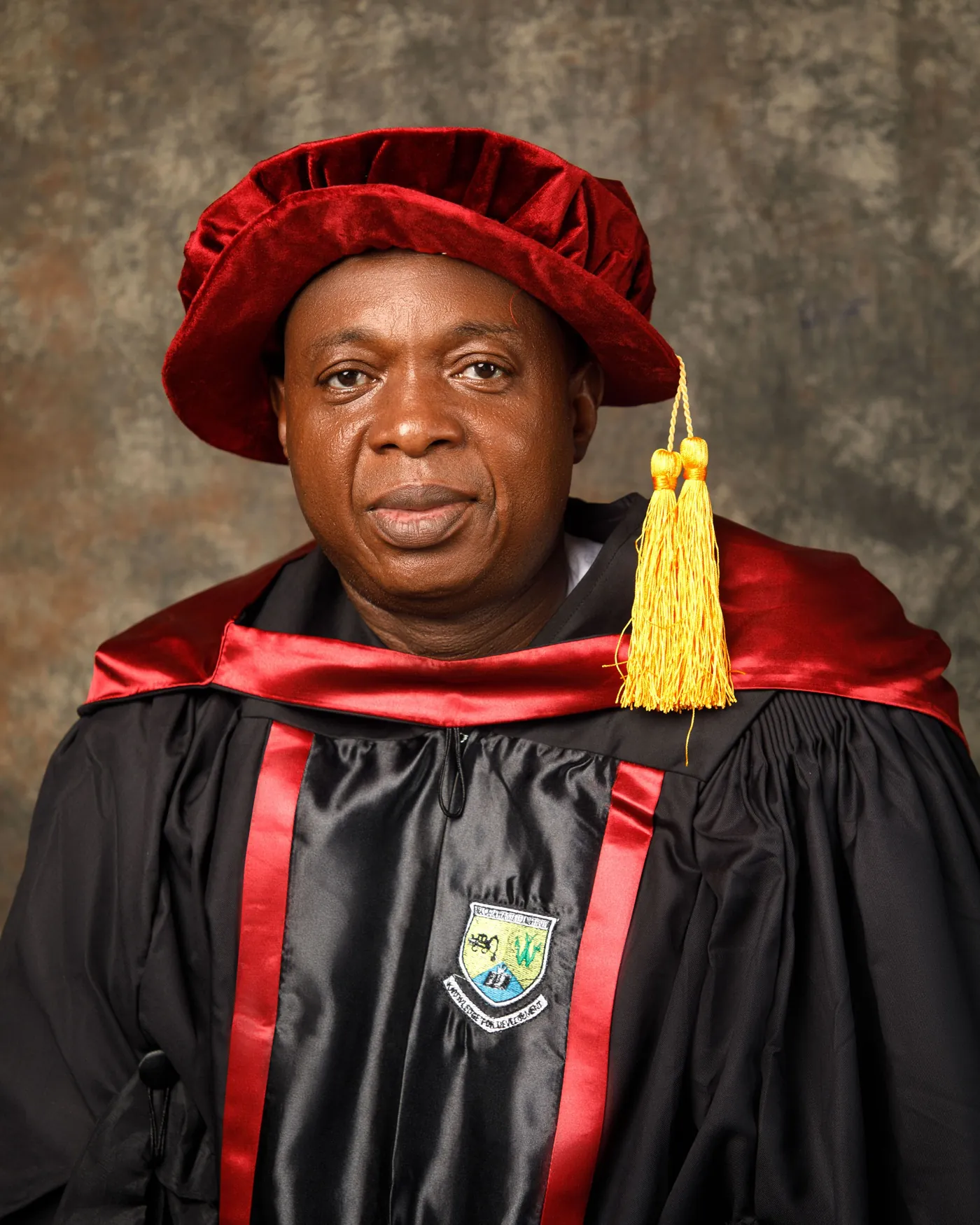 A senior professional in a ceremonial doctoral gown and cap.